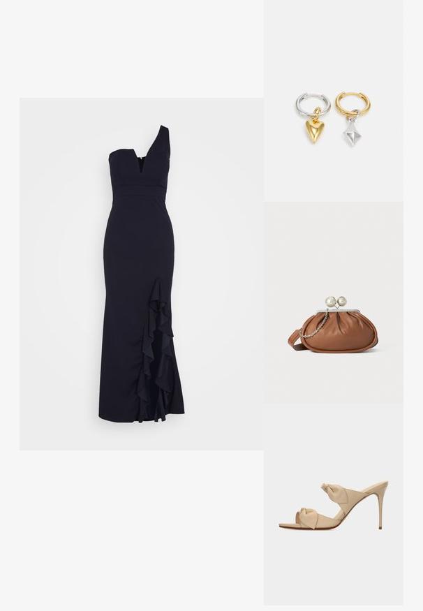 WAL G. SOYA ONE SHOULDER RUFFLE MAXI DRESS - Pidulikud riided - navy blue; Beež avatud varbaga kõrge kontsaga sandaal, kahel keeratud sõlmekujulisel rihmal ja õhukese kontsaga, valgel taustal.; Pruun nahast klambriga rahakott, millel on hõbedane palli klamber ja väike hõbedane kett detail, valgel taustal.; Avgvst HEARTS AND DIAMONDS MISMATCHED HOOPS - Kõrvarõngad - silver-coloured/gold-coloured