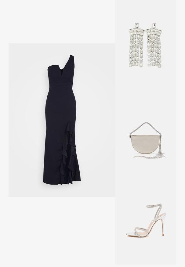 WAL G. SOYA ONE SHOULDER RUFFLE MAXI DRESS - Pidulikud riided - navy blue; Hõbedased kõrged kontsad, millel on õhukesed rihmad, kaunistatud kristallidega, omades elegantset disaini ja teravat varvaste osa.; Beige satiinist poolkuu vormis käekott, millel on sädelev hõbedane ahelkand ja frantsiisidetailid. Sile tekstuur ja minimalistlik disain.; Kristalltropp kõrvarõngad hõbetoonis riistvara, millel on mitmed ristküliku- ja ruudukujulised kivide lõiked, paigutatud kaskaadsetesse ridadesse.