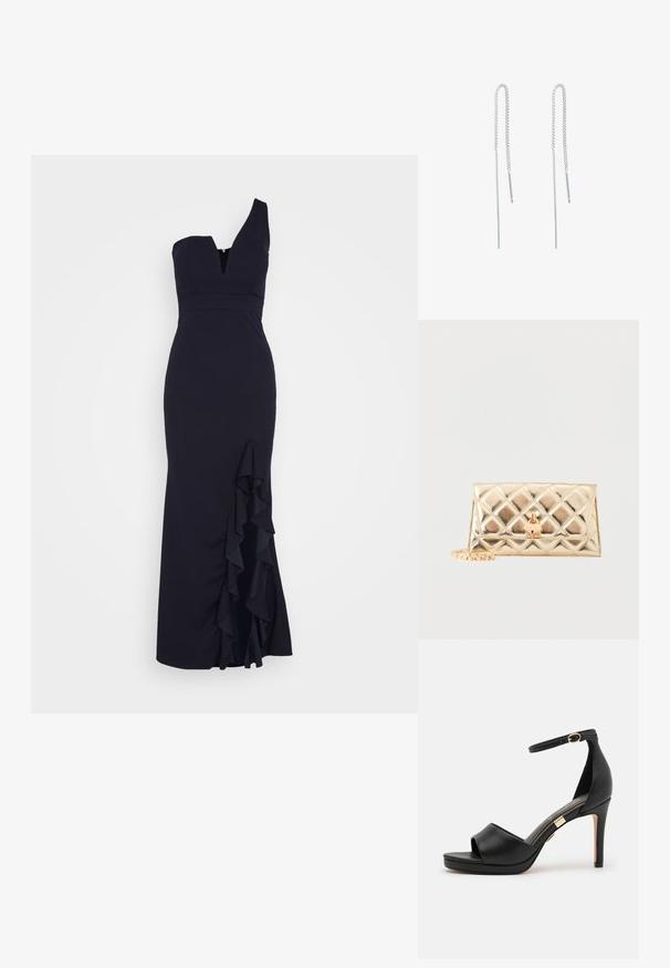 WAL G. SOYA ONE SHOULDER RUFFLE MAXI DRESS - Oblečenie na špeciálnu príležitosť - navy blue; Čierne kožené sandále na vysokom opätku s otvorenou špičkou a remienkom okolo členka. Vyznačujú sa hladkým povrchom, zlatým akcentom pri päte a zakriveným dizajnom.; Zlaté metalické prešívané listové púzdro so zámkom v tvare srdca a pripojeným zlatým reťazcom na bielom pozadí.; Strieborné náušnice na retiazke s predĺženým dizajnom, obsahujúce jemnú retiazku a rovné tenké prívesky na koncoch. Hladký povrch.