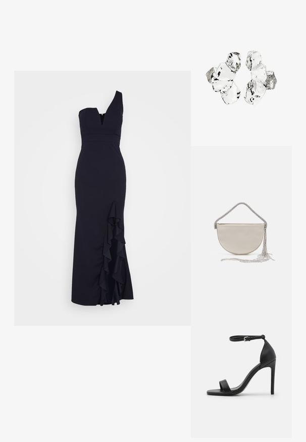 WAL G. SOYA ONE SHOULDER RUFFLE MAXI DRESS - Galajurk - navy blue; Zwarte sandalen met hoge hakken, met een slank ontwerp, voorzien van een enkelbandje, open teen en een gladde leren textuur.; Halve maan clutch bag in beige satijn met een sprankelende zilveren schouderband en franjes. Gladde textuur met een minimalistisch ontwerp.; Cluster van zes onregelmatig gevormde, doorschijnende en reflecterende glasachtige stukken die zijn gerangschikt op een witte achtergrond.