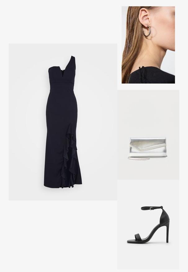 WAL G. SOYA ONE SHOULDER RUFFLE MAXI DRESS - Galajurk - navy blue; Zwarte sandalen met hoge hakken, met een slank ontwerp, voorzien van een enkelbandje, open teen en een gladde leren textuur.; Glanzende zilveren clutch met envelopvormige klep en decoratieve rand, klein zilveren kettingriempje, op een effen lichte achtergrond.; Zilveren oorbel met een gepolijste afwerking, met kleine gouden accentdetails en een ronde vorm, gedragen op de oorlel.