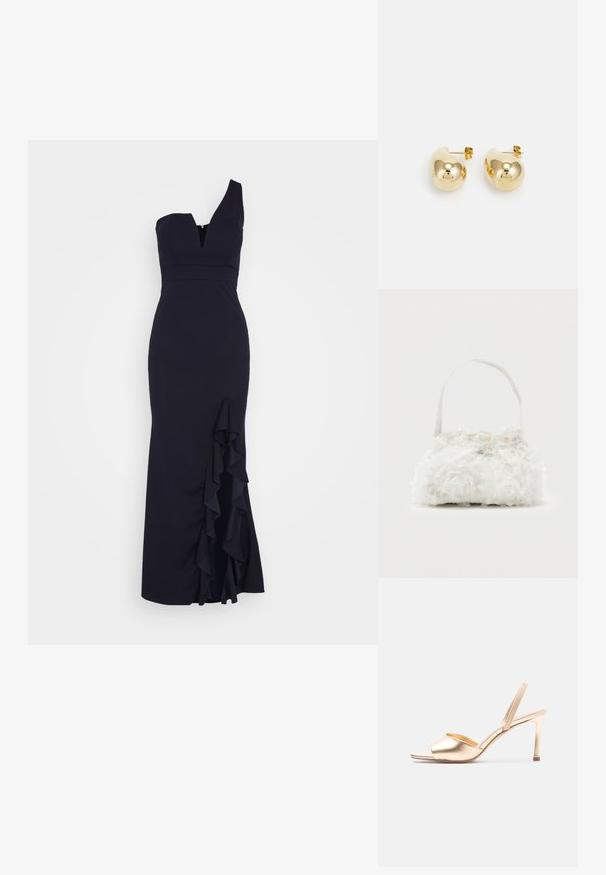 WAL G. SOYA ONE SHOULDER RUFFLE MAXI DRESS - Oblečenie na špeciálnu príležitosť - navy blue; Zlatá otvorená vysoká sandála na päte so stredne vysokým podpätkom a elastickým zadným remienkom na jednoliatom svetlom pozadí.; Malá biela kabelka s tkaninovými ružami pokrývajúcimi telo a tenkým jednoramenným popruhom na jednoduchom pozadí.; Zlaté náušnice na puzetu s hladkým, zaobleným tvarom a lesklým povrchom; sú vybavené malým kolíkom pre bezpečné upevnenie.