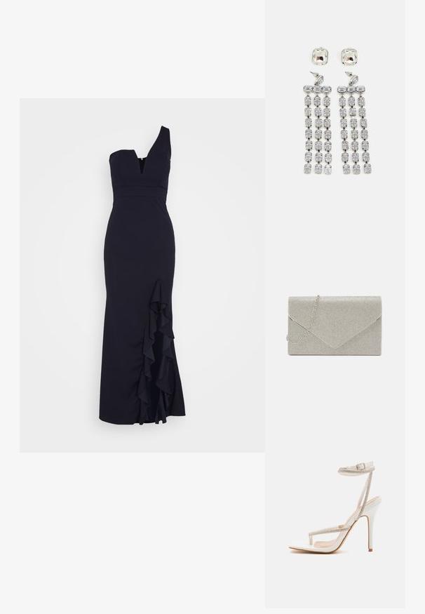 WAL G. SOYA ONE SHOULDER RUFFLE MAXI DRESS - Vestido de fiesta - navy blue; RAID RORY - Sandalias de tacón - white; Bolso de mano metálico plateado con diseño de sobre, embellecido con un patrón texturizado, que incluye una correa de cadena desmontable.; Pendientes colgantes de cristal con herrajes en tono plateado, que presentan un stud cuadrado y filas en cascada de cristales rectangulares y octogonales.