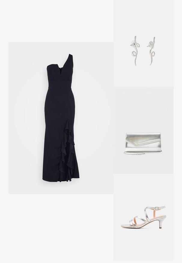 WAL G. SOYA ONE SHOULDER RUFFLE MAXI DRESS - Oblečenie na špeciálnu príležitosť - navy blue; Strieborné sandále na podpätku s tenkými remienkami, s nízkym blokovým podpätkom, kovovým povrchom, nastaviteľným remienkom okolo členku a otvorenou špičkou. Hladká stielka.; Lesklá strieborná kabelka s obálkovým chlopňovým uzáverom a dekoratívnym lemom, malý strieborný reťazový remienok, na jednoduchom svetlom pozadí.; Strieborné náušnice s prepletaným designom a jemnými krivkami, zdobené malými čírymi rhinestonmi po celom povrchu. S podložkou pre bezpečné nosenie.