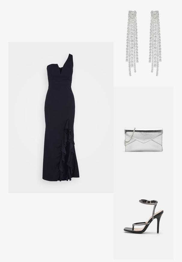 WAL G. SOYA ONE SHOULDER RUFFLE MAXI DRESS - Vestido de fiesta - navy blue; RAID RORY - Sandalias de tacón - black; Bolso de mano metálico plateado con cadena, que presenta un diseño de solapa angular y costuras que añaden textura.; Pendientes largos de plata que presentan una variedad de cristales transparentes facetados en cascadas con diferentes longitudes y formas.