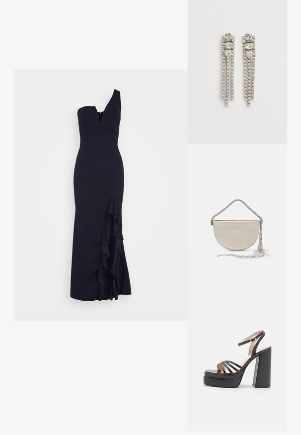 WAL G. SOYA ONE SHOULDER RUFFLE MAXI DRESS - Oblečenie na špeciálnu príležitosť - navy blue; RAID KYLAH - Sandále na vysokom opätku - black; Poloobľúbená clutch taška v béžovom saténe so žiarivým strieborným reťazovým popruhom a strapcami. Hladká textura s minimalistickým dizajnom.; Visiace strieborné náušnice s tromi veľkými štvorcovými kryštálmi na vrchu a troma prameňmi menších okrúhlych kryštálov zavesenými nižšie.