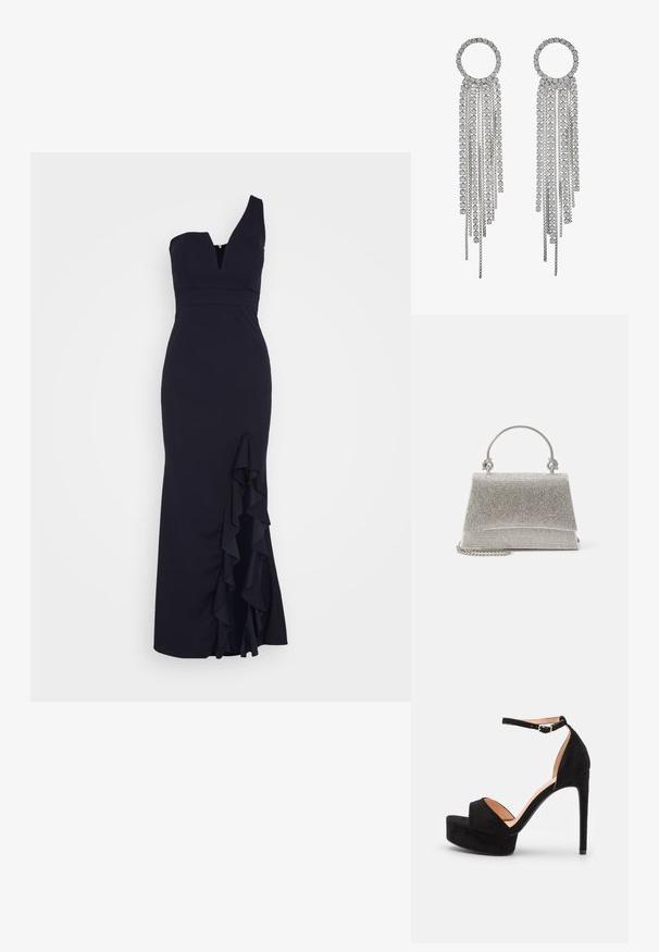 WAL G. SOYA ONE SHOULDER RUFFLE MAXI DRESS - Oblečenie na špeciálnu príležitosť - navy blue; Čierne zamatové sandále na vysokom podpätku s platformou, členkový remienok so strieborným hardvérom, dizajn s otvorenou špičkou a hladkou textúrou.; ALDO FELISIA - Kabelka - silver-coloured; Strieborné náušnice s kruhovým vrchom a kaskádovými reťazcami a štvorcovými kamienkami, ktoré predvádzajú lineárny, viacerými úrovňami usporiadaný dizajn.