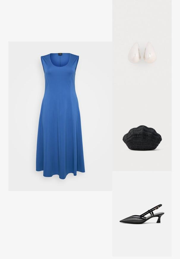 Sinine ilma varrukateta kleit pehmest kangast, ümmarguse kaelusega ja voolava A-line siluetiga. Minimalistlik disain, ilma nähtavate mustrite või aksessuaarideta.; Mustad terava ninaga slingback-kingad võrgust pealse, õhukeste rihmade, kuldse pandla ja madala kumerdatud kontsaga valgel taustal.; Mustast punutud käsitööna valmistatud käekott, mis on kujult fenkoli koore sarnane, ümaral küljel ja kootud tekstuuriga ning lihtsal taustal.; Hõbeda metallist tilgakujulised ripatsid, millel on sile ja peegeldav pind, ning tilga kuju, millel on pidev disain ja ei ole nähtavaid kaunistusi.