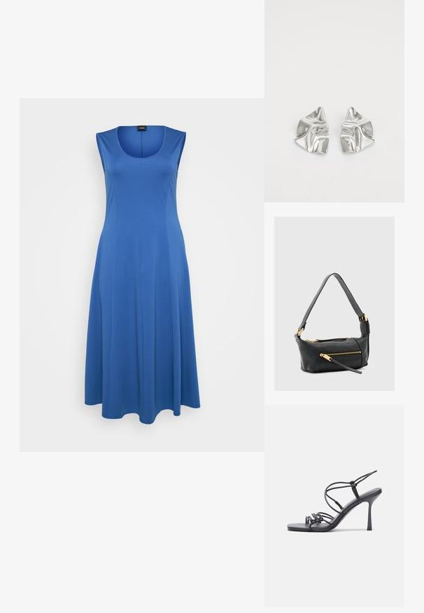 Blaues ärmelloses Kleid aus weichem Stoff, mit rundem Ausschnitt und fließender A-Linien Silhouette. Minimalistisches Design, keine sichtbaren Muster oder Akzente.; Schwarze, hochhackige Sandalen mit dünnen Riemen und einem geknoteten Design, einer glatten, rechteckigen Zehenpartie und einem eleganten Stiletto-Absatz.; Schwarze Leder-Umhängetasche mit zwei Reißverschlusstaschen, goldfarbenen Beschlägen und einem breiten, verstellbaren Riemen. Glatte Textur und rechteckige Form.; Silberne Metallohrringe mit einem wellenförmigen, skulpturalen Design, das eine polierte Oberfläche und unregelmäßige Formen aufweist, die eine zeitgenössische Ästhetik betonen.