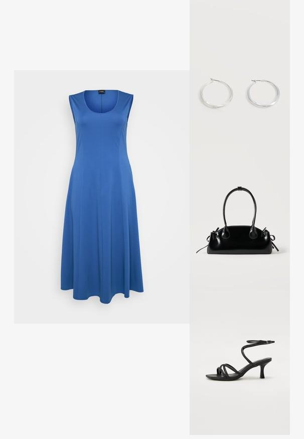 Sinine ilma varrukateta kleit pehmest kangast, ümmarguse kaelusega ja voolava A-line siluetiga. Minimalistlik disain, ilma nähtavate mustrite või aksessuaarideta.; Even&Odd Wide Fit by Zalando Sandaalid - black; Väike must läikiv käekott kahe pika sangaga ja külgedel paelakinnitustega, ühel lihtsal helel taustal.; Hõbedased metallist rõngakujulised kõrvarõngad, millel on sile, kergelt kaarduv pind ja lukustuvad tagused kinnitused, valgel taustal.