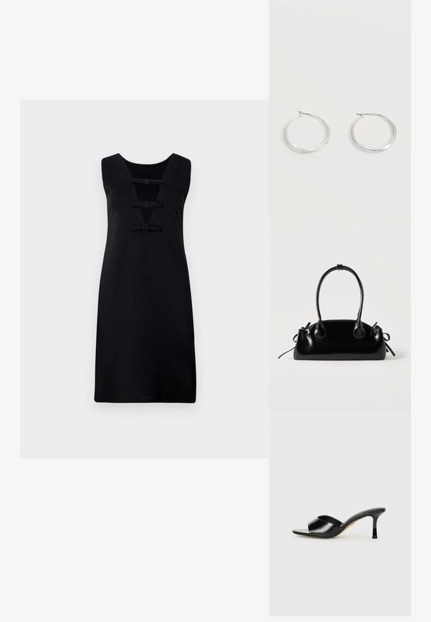 Robe noire sans manches avec un décolleté en V, présentant trois nœuds décoratifs à l'avant. Tissu lisse avec une coupe ajustée.; Mules à talons hauts en cuir noir avec un design à bout ouvert et une large sangle supérieure incurvée. Texture lisse et silhouette élégante.; Petit sac à main noir brillant avec deux longues anses et des détails à cordon sur les côtés sur un fond clair uni.; Boucles d’oreilles créoles en métal argenté avec une surface lisse légèrement incurvée et des fermoirs à clapet sur un fond blanc uni.