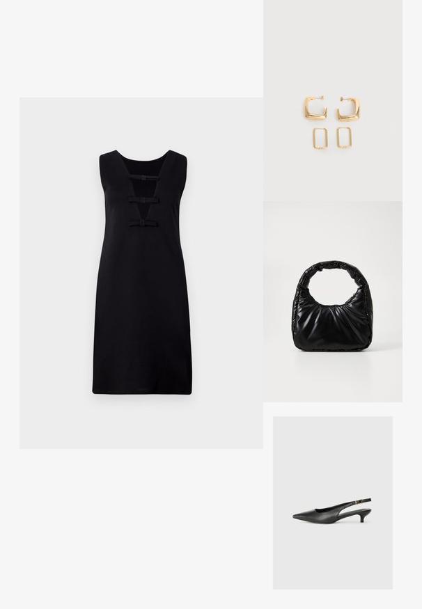 Musta hihaton mekko V-päisellä kaula-aukolla, jossa on kolme koristeellista solmua edessä. Sileä kangas ja slim fit -suunnittelu.; Musta teräväkärkinen slingback-kengä, joka on valmistettu sileästä nahasta. Ominaisuuksiin kuuluu ohut korko ja soljellinen yksityiskohta säädettävässä hihnassa.; Musta pehmeä laukku pyöreällä kahvalla, jossa on sileä, kiiltävä pinta ja pehmeä, vuorattu rakenne. Ei näkyvää metalliosaa tai koristeita.; Kaksi paria kultaisen sävyisiä geometrisia rinkulanmuotoisia korvakoruja yksinkertaisella valkoisella pinnalla, toinen pari neliönmuotoisia ja massiivisia, toinen pari suorakaiteen muotoisia ja onttoja.