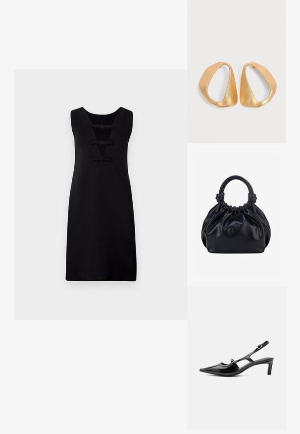 Robe noire sans manches avec un décolleté en V, présentant trois nœuds décoratifs à l'avant. Tissu lisse avec une coupe ajustée.; Chaussure slingback en cuir verni noir à bout pointu, petit talon et deux brides réglables avec boucles, vue de profil latéral.; Sac à main en cuir noir souple avec le dessus froncé et deux grosses poignées nouées sur un fond uni clair.; Paire de boucles d’oreilles créoles en or irrégulières et asymétriques avec une finition lisse et mate sur un fond neutre.