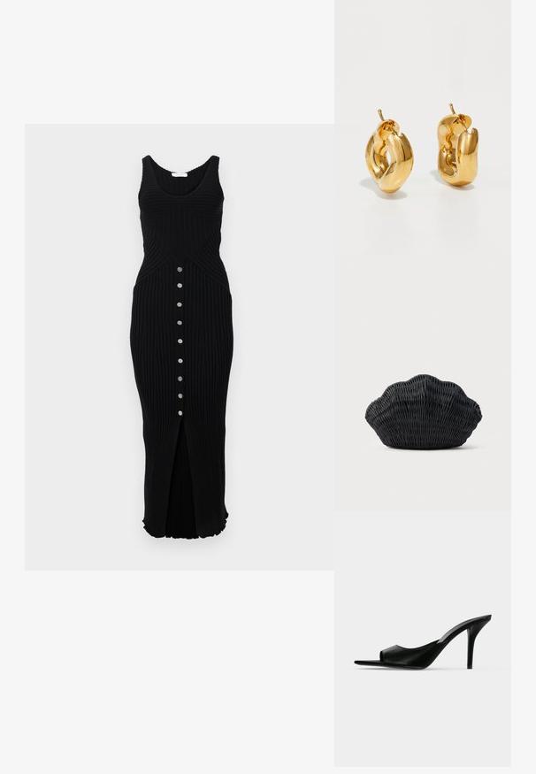Rabanne Robe pull - black; Mule à talon haut en cuir noir à bout ouvert avec un talon stiletto fin, vue de profil sur un fond uni.; Sac à main en osier noir en forme de coquille Saint-Jacques avec un dessus courbé et une texture tressée sur un fond uni.; Boucles d'oreilles créoles en or massif avec un design tubulaire légèrement tordu et des fermoirs à tige sur un fond blanc.