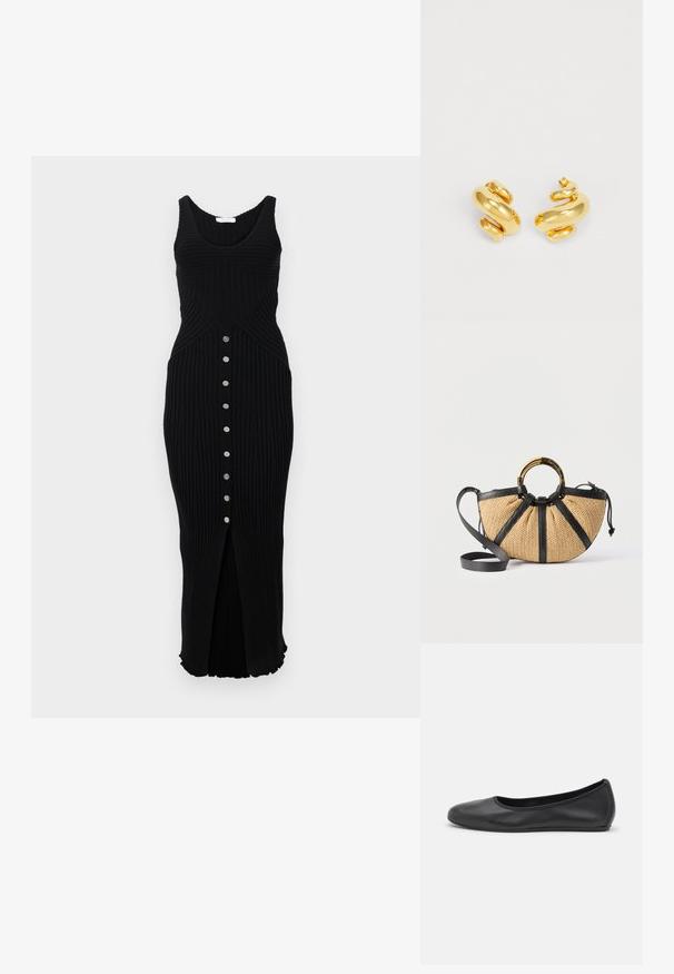 Rabanne Kampsunkleit - black; Musthave mustika tantsutossud mustast nahast, ümmarguse varbaga, siledast tekstuurist, minimaalse õmblusdetailiga ja paindliku tallakujundusega.; Punutud käekott musta nahkdetailiga, ümmarguse kuldse ja kilpkonnamustrilise käepidemega ning eemaldatava musta nahast õlarihmaga.; Kuldne spiraalõrmustest kõrvarõngad, millel on sile ja läikiv pind, kurvika disaini ning paksu ja massiivse kujuga julge ilme.