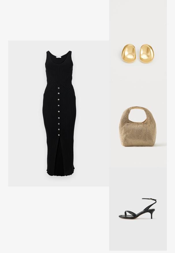 Rabanne Robe pull - black; Sandale pour femme en cuir noir avec fines lanières, une boucle d'orteil, une boucle à la cheville et un talon aiguille de hauteur moyenne sur un fond neutre.; Petit sac à main doré recouvert de clous ronds brillants avec une poignée courte et une découpe rectangulaire en haut.; Boucles d'oreilles en forme de clou de couleur or, avec une forme lisse et arrondie et une surface réfléchissante, mettant en avant un design minimaliste sans motifs visibles.