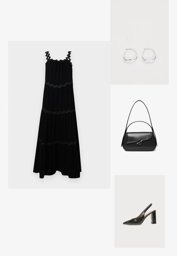 Mustmust mustr kleit, millel on sakiliste rihmade detailid ja kihiline disain. Omab tekstuurilisi aktsente vööl ja äärel. Valmistatud pehmest kangast.; Mustast nahast naiste slingback-tükk kingad terava varba ja paksu kõrge plokktipuvalge taustaga.; Must nahast õlakott kõverda kaanega, mida hoiab kinni ümmargune metallist klamber ja millel on õhuke, reguleeritav rihm.; Hõbedased rõngastekäevõrud poleeritud viimistlusega ja DKNY brändimisega, esitatud lihtsa valge tausta ees.