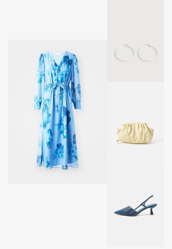 Sinine lilleline kleit, mis on valmistatud kergest kangast. Omab V-kaelust, pikki puhvke sisseõmblusi, elastset vööd ning voolavat siluetti.; Denim slingback-kontsad, millel on terav nina, reguleeritav pannal ja läikiv sinine konts. Sile tekstuur koos heleda sinise sisetallaga.; Kollane voltitud käekott, mis on valmistatud siledast kunstnahast, omab pehmet kuju ühe õlarihmaga ja volditud ülaosaga disaini.; Paari läikiva hõbedase rõngaskujulise kõrvarõngastega, millel on õhukesed traatlukkud, kuvatud heleda halli taustal.