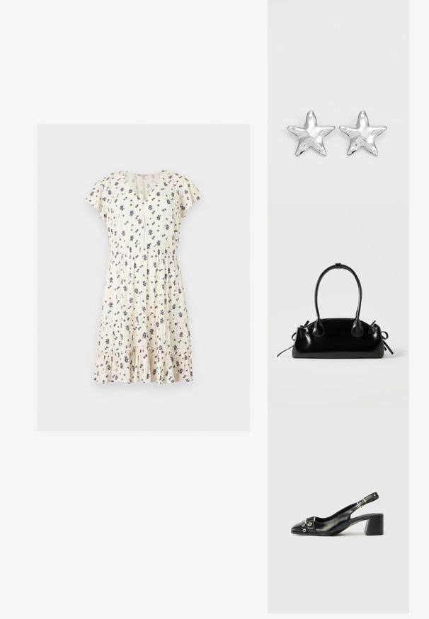 Robe courte à manches courtes crème avec imprimé floral noir, col en V, taille froncée, devant boutonné et ourlet à volants à étages.; Sandale à talon en cuir noir avec un bout pointu, une sangle texturée ornée d'accents métalliques circulaires et un talon empilé.; Petit sac à main noir brillant avec deux longues anses et des détails à cordon sur les côtés sur un fond clair uni.; Boucles d'oreilles argentées en forme d'étoile, avec une surface lisse et brillante. Chaque boucle d'oreille possède cinq pointes et des détails subtils de texture de surface.