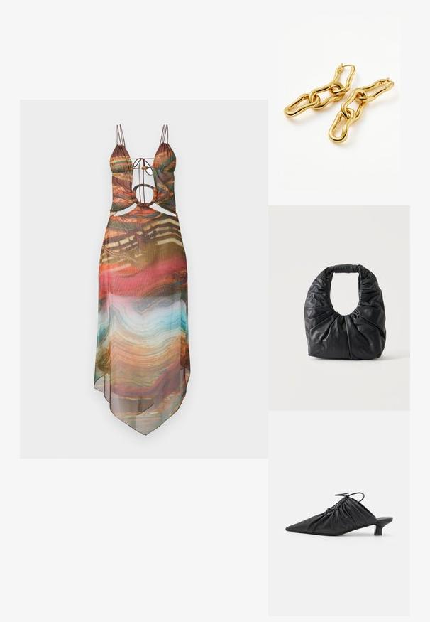 Vestido semitranslúcido multicolorido con tirantes ajustables, detalles recortados y un dobladillo fluido. El patrón abstracto incluye tonos cálidos y acentos en turquesa.; Mules negros de cuero sin hebillas con punta afilada, textura recogida y un pequeño tacón de gato. Presentan un detalle de cordón en la abertura.; Bolso de hombro negro de cuero suave con pliegues recogidos y asa redondeada, de pie sobre un fondo claro liso.; Missoma MOLTEN OVATE TRIPLE LINK DROP - Pendientes - gold-coloured