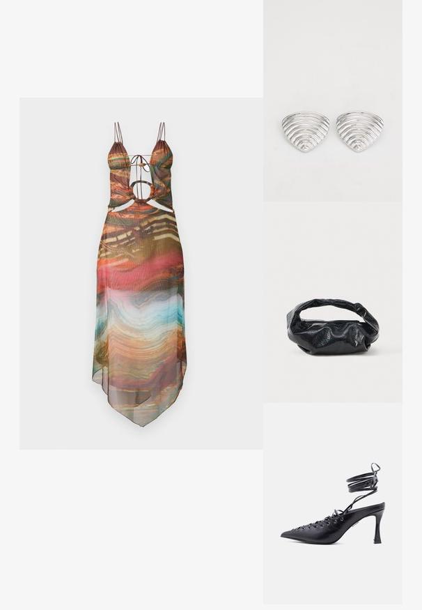 Vestido semitranslúcido multicolorido con tirantes ajustables, detalles recortados y un dobladillo fluido. El patrón abstracto incluye tonos cálidos y acentos en turquesa.; Zapato de tacón alto negro con punta afilada, correas alrededor del tobillo y múltiples ojales en la parte frontal para cordones.; Bolso negro hecho de un material brillante y texturizado con un asa circular retorcida y un cierre de cremallera. Presenta un diseño suave y arrugado.; Pendientes en tono plateado con un diseño ondulado y texturizado, con forma de media lunas superpuestas; el acabado pulido realza las cualidades reflectantes.