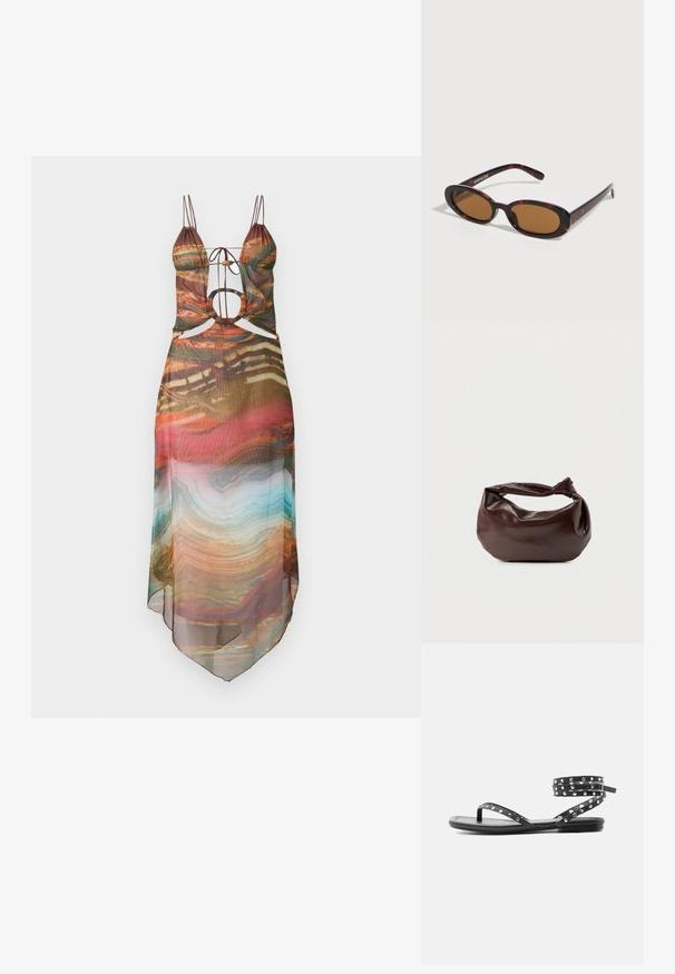 Vestido semitranslúcido multicolorido con tirantes ajustables, detalles recortados y un dobladillo fluido. El patrón abstracto incluye tonos cálidos y acentos en turquesa.; Sandalia plana negra con tiras delgadas, tachuelas plateadas y cierre de hebilla en el tobillo sobre un fondo claro y sencillo.; Gafas de sol ovaladas con montura carey, lentes tintadas en marrón y varillas delgadas apoyadas sobre una superficie blanca.; Bolso de hombro de cuero marrón oscuro con una forma suave y caída, y un asa con nudo torcido sobre un fondo blanco liso.
