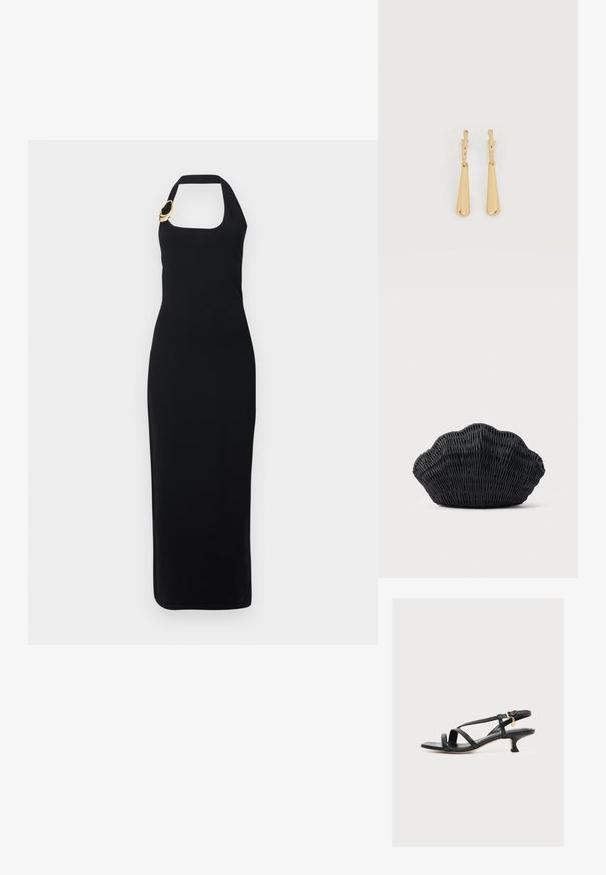 Μαύρο μίντι φόρεμα χωρίς μανίκια με λαιμόκοψη halter και τετράγωνο ντεκολτέ, με χρυσή κυκλική αγκράφα στο αριστερό λουρί.; Μαύρο σανδάλι με λουράκια και χαμηλό τακούνι kitten, τετράγωνη μύτη, αγκράφα στον αστράγαλο και μικρό χρυσό γούρι σε απλό ανοιχτό φόντο.; Μαύρη τσάντα από καλάμι σε σχήμα κοχύλι αχιβάδας με καμπύλη κορυφή και υφή υφαντής επιφάνειας σε απλό φόντο.; Σκουλαρίκια με επίχρυσο τόνο και κρεμαστά λείο επιμηκυμένο σχήμα σταγόνας που κρέμεται από μικρές κρίκους κλεισίματος σε λευκό φόντο.