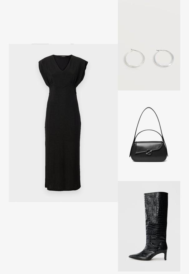 Vestido maxi negro sin mangas con escote en V y detalle fruncido en la cintura. Fabricado en un tejido suave y ligeramente brillante.; Botas negras de media caña con textura brillante de patrón de cocodrilo, punta afilada y tacón cónico. Material sintético liso.; Bolso de hombro de cuero negro con una solapa curva asegurada por un broche metálico redondo y una correa delgada y ajustable.; Pendientes de aro de metal plateado con superficie lisa y ligeramente curvada y cierre de tipo mosquetón sobre un fondo blanco liso.