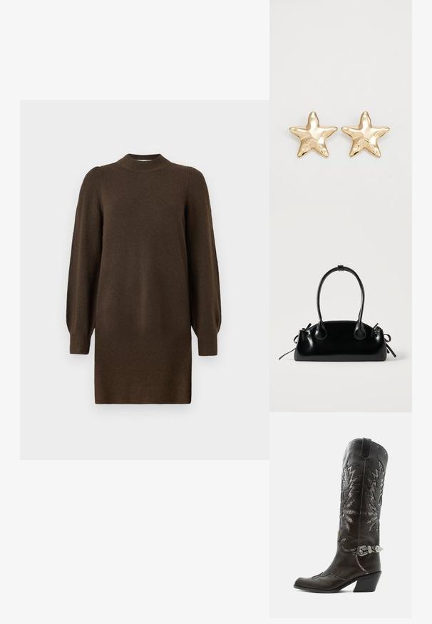 Vestido de punto de manga larga en marrón oscuro con cuello alto acanalado, puños y dobladillo sobre un fondo blanco.; Bota cowboy de cuero negro con recortes decorativos, hebilla plateada y tacón inclinado, presentada sobre fondo blanco.; Pequeño bolso negro brillante con dos asas largas y detalles de cordón lateral sobre un fondo claro liso.; Pendientes en forma de estrella dorada con un acabado suave y brillante y un diseño tridimensional, que presentan cinco puntas y una textura ligeramente curvada.
