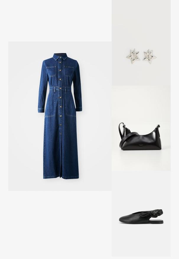 Denim maxi-jurk met lange mouwen, puntige kraag, knoopsluiting aan de voorkant, twee borstzakken, een aangesnoerde taille en zijslitsen voor gemakkelijker bewegen.; Zwarte platte damesschoen met slingback, spitse neus en geplooide elastische band bij de hiel tegen een witte achtergrond.; Zwarte leren handtas met een gladde textuur. Beschikt over een verstelbare schouderband en een strak, minimalistisch ontwerp met een ritssluiting.; Zilverkleurige stervormige oorringen met een gladde, gepolijste afwerking op een effen witte achtergrond.