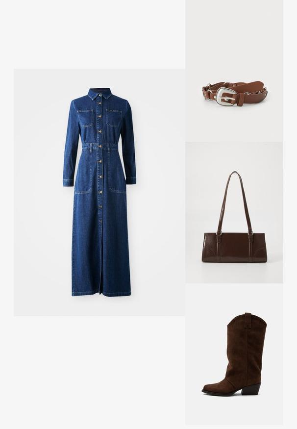 Denim maxi-jurk met lange mouwen, puntige kraag, knoopsluiting aan de voorkant, twee borstzakken, een aangesnoerde taille en zijslitsen voor gemakkelijker bewegen.; Bruine suède cowboylaars tot halverwege de kuit met een lage gestapelde hak en een trek lus op een eenvoudige lichte achtergrond.; Bruine lakleren handtas met een rechthoekige vorm, twee lange handvatten en subtiele gebogen accenten aan de voorkant.; Bruine faux leren riem met een zilveren rechthoekige gesp, voorzien van een getextureerde rand en ronde hardware accenten.