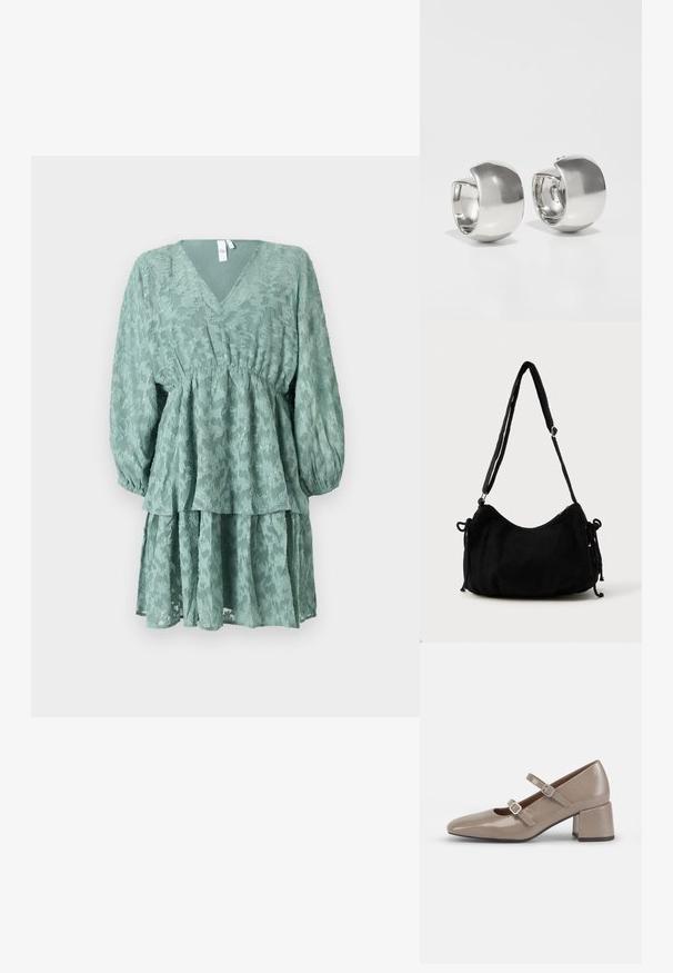 Robe verte à couches avec un décolleté en V, de longues manches bouffantes et une texture florale. Dotée d'une taille cintrée et d'une jupe fluide à volants.; Chaussure Mary Jane en cuir verni beige avec un bout pointu, deux sangles ajustables et un talon épais et carré. Texture lisse et matériel minimal.; Sac à épaule en velours côtelé noir avec une forme courbée, bandoulière réglable et fermetures à cordon des deux côtés pour un ajustement de taille.; Uncommon Matters SCULPTURAL LARGE CREOLE - Boucles d'oreilles - silver-coloured