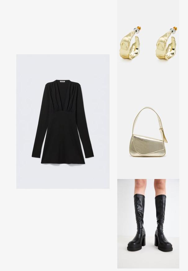 Vestido negro de manga larga con escote en V profundo y detalles fruncidos en el busto. Fabricado con tela elástica, corte entallado y bajo con vuelo.; Botas negras de cuero liso hasta la rodilla, con una plataforma gruesa y tacón cuadrado, y detalles de costura a lo largo de los bordes.; Bolso de mano metálico dorado con un diseño estructurado, textura suave y correa ajustable. Presenta una forma triangular única y un cosido minimalista.; Pendientes en tono dorado con forma de manos abstractas, que presentan una superficie brillante, detalles intrincados y un poste de plata y oro para un ajuste seguro.