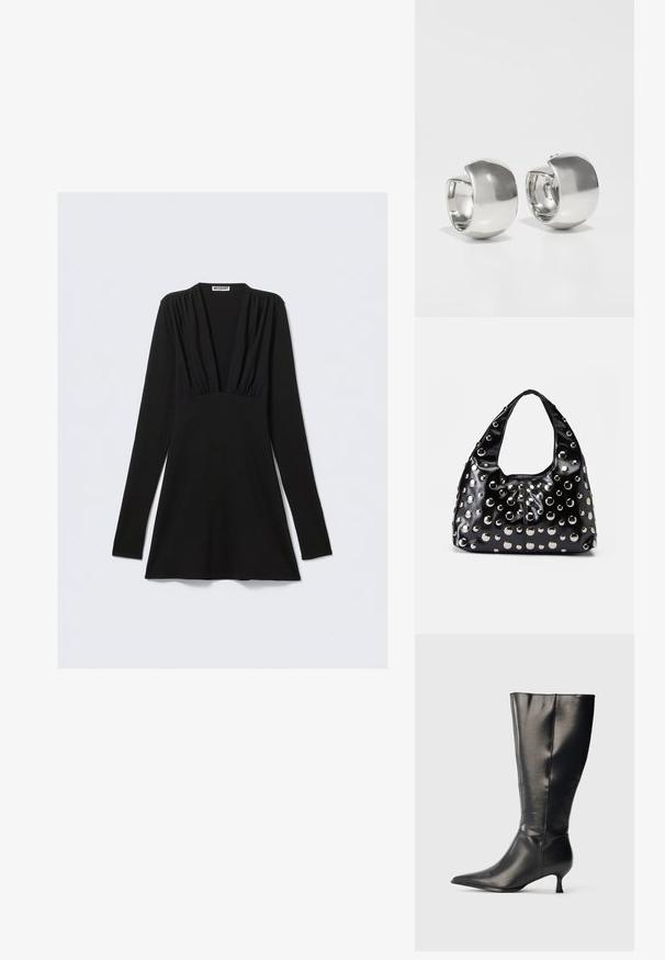 Vestido negro de manga larga con escote en V profundo y detalles fruncidos en el busto. Fabricado con tela elástica, corte entallado y bajo con vuelo.; Bota negra de cuero hasta la rodilla, con punta afilada y tacón bajo tipo kitten, mostrada sobre un fondo claro y sencillo.; Bolso de mano de charol negro con forma redondeada, con tachuelas metálicas plateadas de diferentes tamaños y una correa ancha para facilitar el transporte.; Uncommon Matters SCULPTURAL LARGE CREOLE - Pendientes - silver-coloured