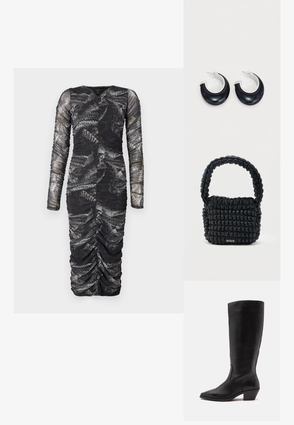 Robe noire à manches longues froncée présentant un motif texturé ressemblant à des écailles, avec un décolleté en V profond et une silhouette ajustée.; Botte en cuir noire mi-mollet avec un bout pointu et un talon bas incliné sur un fond clair uni.; Petit sac à main noir matelassé avec une poignée courte rembourrée et une étiquette "HUGO" à l'avant, présenté sur un fond clair uni.; Boucles d'oreilles en résine noire avec une finition brillante et des accents en métal argenté. Forme circulaire avec une découpe et une fermeture à tige.