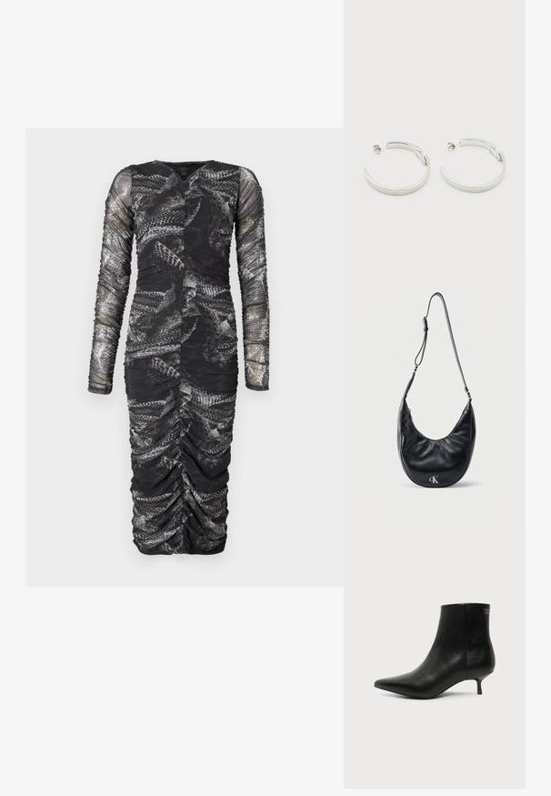 Robe noire à manches longues froncée présentant un motif texturé ressemblant à des écailles, avec un décolleté en V profond et une silhouette ajustée.; Bottine en cuir noir avec bout pointu et petit talon kitten sur fond clair, vue côté extérieur.; Sac à bandoulière en cuir noir en forme de croissant avec une sangle réglable et un logo "cK" argenté sur le devant, sur un fond blanc uni.; Boucles d'oreilles demi-cercles ton argent avec texture striée et fermoirs à pression sur fond blanc.