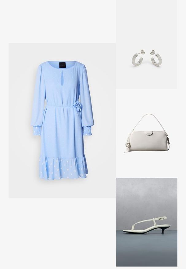 Robes bleu clair avec un col rond, des manches longues, un motif à pois, un détail en forme de trou à l'avant et une accent fleur au niveau de la taille.; Sandale blanche à talon kitten avec des lanières et un bout pointu, flottant au-dessus d'un sol en carrelage en bois en plein air avec un arrière-plan flou de plante et de mur.; Sac à main rectangulaire blanc Calvin Klein avec une seule poignée, design minimaliste et pampilles décoratives avec un charm métallique géométrique sur le côté.; Boucles d'oreilles en métal argenté avec un design texturé, dotées d'un petit fermoir et d'une marque sur une des hoops. Forme arrondie avec une finition polie.