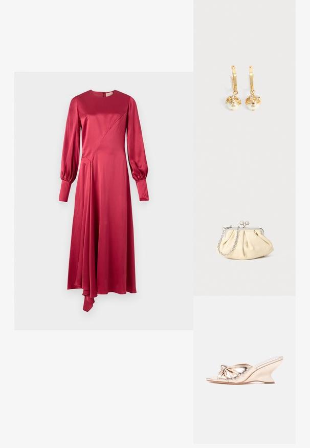 Roksanda HAYAT DRESS - Kokteilikleit/peokleit - deep scarlet; Läikiv kuldne avatud varbaga mule, millel on sõlmega rihm ja kujundatud kiilkonts, tavalise valge taustaga.; Kortsus beežist nahast kotike, millel on hõbedane metallraam, kaunistatud kahe ümmarguse dekoratiivse lukuga ja hõbedase ketispideme. ; Kuldset rõngaskujulised kõrvarõngad, mille küljes ripuvad valged pärlid, mis on kullaga ümbritsetud, ning väikesed läbipaistvad kristallid lihtsal heledal taustal.