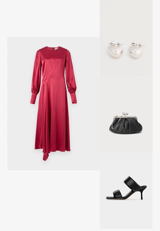 Roksanda HAYAT DRESS - Robe de soirée - deep scarlet; Sandale mule en cuir noir avec deux larges brides et un talon stiletto fin de hauteur moyenne sur un fond clair uni.; Porte-monnaie en cuir noir avec texture froncée, cadre en métal argenté, fermeture à verrouillage kiss-lock et bandoulière en chaîne. Surface lisse et douce.; Paire de boucles d'oreilles argentées brillantes et épaisses avec fermoirs à tige, sur fond blanc uni.