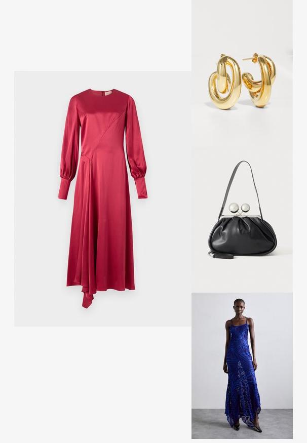 Roksanda HAYAT DRESS - Kokteilikleit/peokleit - deep scarlet; Sinine ja lilla loomade mustriga maksikleit õhukeste rihmadega, keha lähedane pealisosa, laienev allosa ja poolläbipaistev overlays detail.; Mustast nahast käekott kogutud disainiga, ühe rihmaga, hõbedase metallraamiga ja kahe suure ümmarguse hõbedase klambriga.; Charlotte Chesnais BO INITIAL BLOW - Kõrvarõngad - gold-coloured