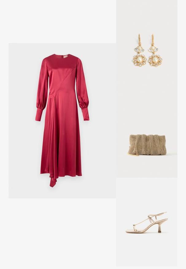 Roksanda HAYAT DRESS - Vestido de cóctel - deep scarlet; Sandalia dorada con tiras, tacón bajo de estilo kitten, correa ajustable en el tobillo y lazo en el dedo, sobre un fondo claro y sencillo.; Pequeño bolso de mano de malla dorada con un diseño fruncido y una correa de cadena dorada parcialmente visible sobre un fondo blanco liso.; Pendientes colgantes de tono dorado con perlas centrales, pétalos de cristal transparente y pequeños cristales que forman un diseño floral sobre un fondo liso y claro.