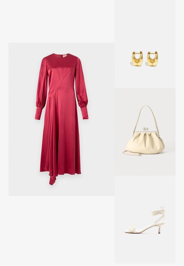 Roksanda HAYAT DRESS - Kokteilikleit/peokleit - deep scarlet; Kreemikas madala kontsaga sandaal, millel on pahkluu ümber seotud paelad ja lai keerutatud rihm varvaste kohal, valgel taustal.; Kreemjas pehme nahast käekott kogutud disainiga, hõbedane raam-lukk, lühike käepide ja eemaldatav kettaga rihm.; Kuldne rõngas kõrvarõngad, millel on sile, ümar disain. Omab õõnsat keskmist osa ja läikivat pinnat, mis täiendab moodsaid stiile.