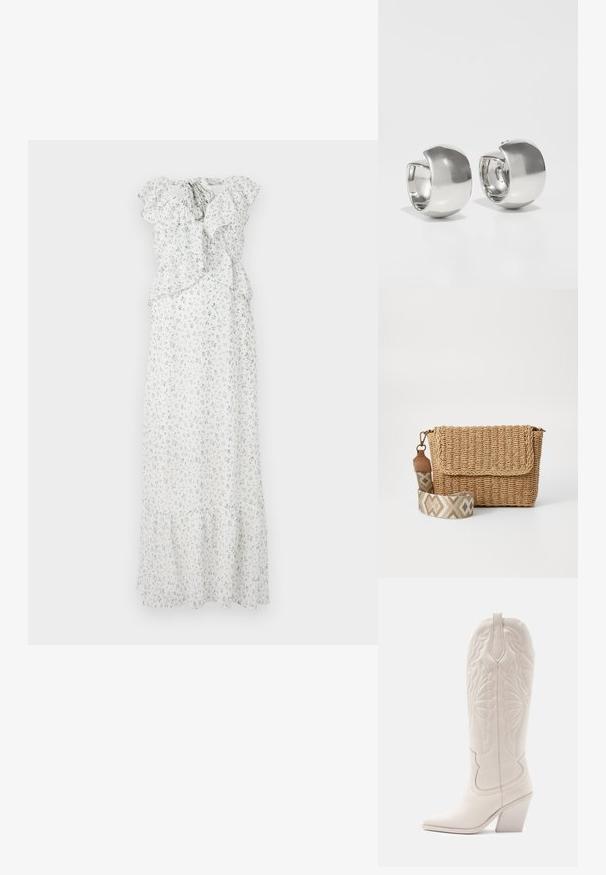 Robe maxi florale blanche avec des imprimés bleus et verts. Elle présente des manches à volants, une taille froncée et un ourlet à volants. Tissu léger.; Bottine de cowboy en cuir blanc avec un bout pointu et un talon bloc. Présente des motifs de broderie complexes sur la tige et une texture lisse.; Sac bandoulière en paille tissée avec un rabat, doté d'une sangle marron clair à motifs avec des designs géométriques. Forme texturée et compacte.; Uncommon Matters SCULPTURAL LARGE CREOLE - Boucles d'oreilles - silver-coloured