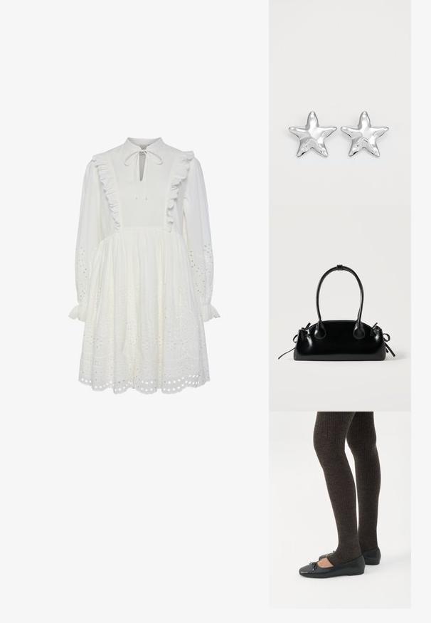 Vestido de algodón blanco con cuello alto, borde de volantes y detalle de cuello atado. Presenta mangas largas y patrones de galones bordados en el dobladillo.; Piernas con leggings oscuros acanalados combinados con bailarinas negras que presentan pequeños detalles de lazo sobre un fondo blanco.; Pequeño bolso negro brillante con dos asas largas y detalles de cordón lateral sobre un fondo claro liso.; Pendientes en forma de estrella plateada con una superficie pulida y brillante. Cada pendiente presenta cinco puntas y sutiles detalles de textura en la superficie.