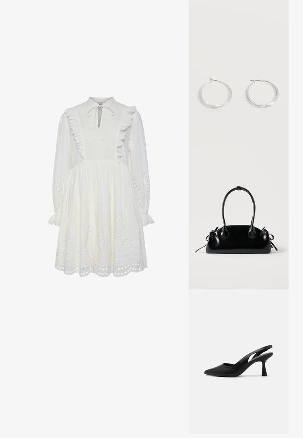 Vestido de algodón blanco con cuello alto, borde de volantes y detalle de cuello atado. Presenta mangas largas y patrones de galones bordados en el dobladillo.; Tacones negros tipo slingback con punta afilada, fabricados en cuero suave. Presentan un diseño recortado y un tacón robusto y afilado.; Pequeño bolso negro brillante con dos asas largas y detalles de cordón lateral sobre un fondo claro liso.; Pendientes de aro de metal plateado con superficie lisa y ligeramente curvada y cierre de tipo mosquetón sobre un fondo blanco liso.