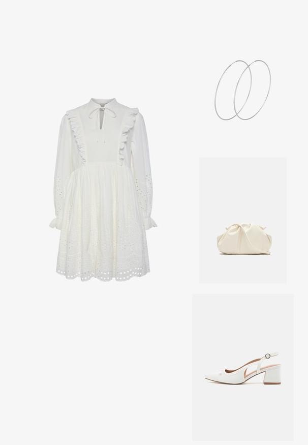 Witte katoenen jurk met een hoge hals, gerimpelde afwerking en gestrikt nekteken. Beschikt over lange mouwen en geborduurde oogjespatronen aan de zoom.; Witte slingback hakken met een puntige neus, blokhak en parelachtige accenten aan de zijkant, met een open uitsnijdontwerp.; Zachte, crèmekleurige leren clutch met geplooid, gerimpeld ontwerp en een dunne schouderriem die vooraan op een effen achtergrond ligt.; Zilveren hoepel oorbellen met een minimalistisch ontwerp. Cirkelvormig, gladde textuur en dun profiel. Lichtgewicht met een gepolijste afwerking.