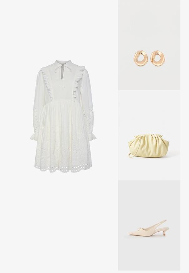 Hvid bomulds kjole med høj hals, flæsekanter og knyttet halsdetalje. Har lange ærmer og broderede øjenlidsmønstre i kanten.; Spidsnæbbede slingback sko i off-white læder, med en lille sløjfedetalje og en lav kitten heel. Glat tekstur, minimalistisk design.; Gul plisseret håndtaske lavet af glat kunstlæder, med en blød form, en enkelt skulderrem og samlet topdesign.; Par af uregelmæssigt formede, polerede øreringe i guldfarvet metal med åben midte på en ens hvid baggrund.