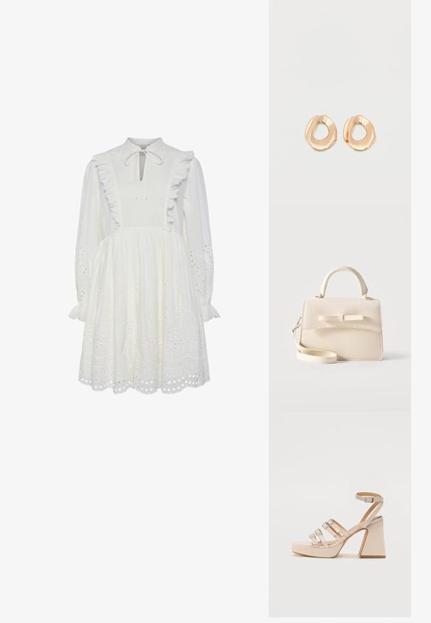 Vestido de algodón blanco con cuello alto, borde de volantes y detalle de cuello atado. Presenta mangas largas y patrones de galones bordados en el dobladillo.; Sandalias de plataforma beige con tres correas ajustables y hebilla en el tobillo. Acabado brillante, tacón cuadrado y textura suave.; Pequeño bolso beige con asa superior, correa desmontable, solapa frontal y lazo decorativo horizontal sobre un fondo liso.; Par de pendientes de aro de metal en tono dorado pulido, de forma irregular y con centro abierto, sobre un fondo blanco liso.