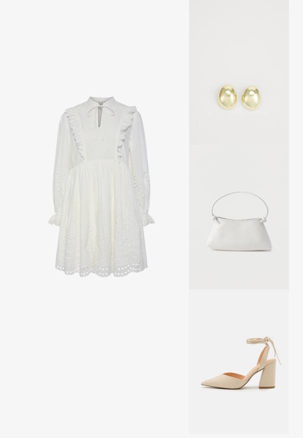Vestido de algodón blanco con cuello alto, borde de volantes y detalle de cuello atado. Presenta mangas largas y patrones de galones bordados en el dobladillo.; Zapato de tacón alto beige con punta afilada, tira de tobillo y tacón ancho. Material sintético suave con un acabado mate.; Bolso de mano de cuero blanco tejido con asa redondeada y extremos de la correa anudados, exhibido sobre un fondo liso.; Pendientes de metal en tono dorado, con forma suave y redondeada y acabado pulido. Diseño sencillo sin adornos adicionales.