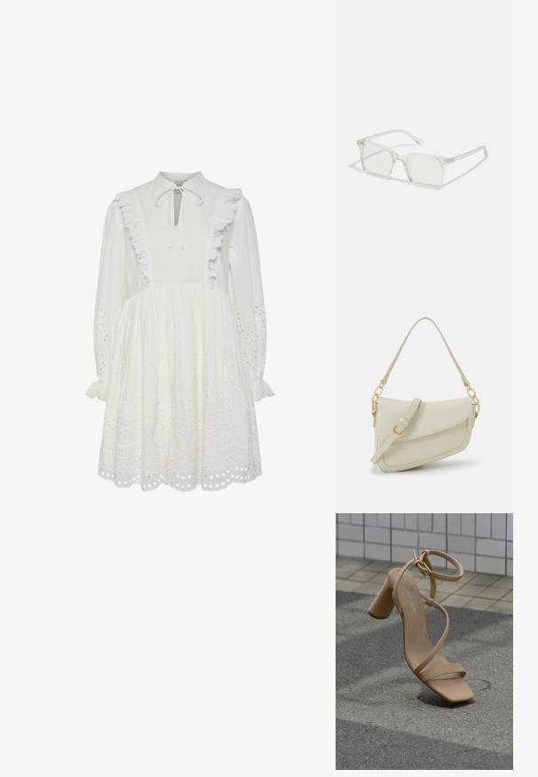 Vestido de algodón blanco con cuello alto, borde de volantes y detalle de cuello atado. Presenta mangas largas y patrones de galones bordados en el dobladillo.; Sandalia beige con tiras y tacón alto de bloque flotando sobre una superficie de asfalto cerca de una pared de azulejos.; Gafas cuadradas de plástico transparente con lentes translúcidos, que cuentan con acentos dorados en las patillas para un detalle adicional.; Pequeño bolso de mano crema con un acabado texturizado, una correa larga y ajustable, un acento de cadena y cierre de solapa. Detalles en hardware dorado.